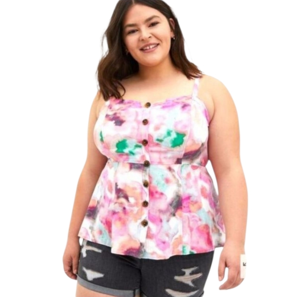 TORRID Plus Size Fit & Flare Smocked Babydoll water color Tank Top 3X